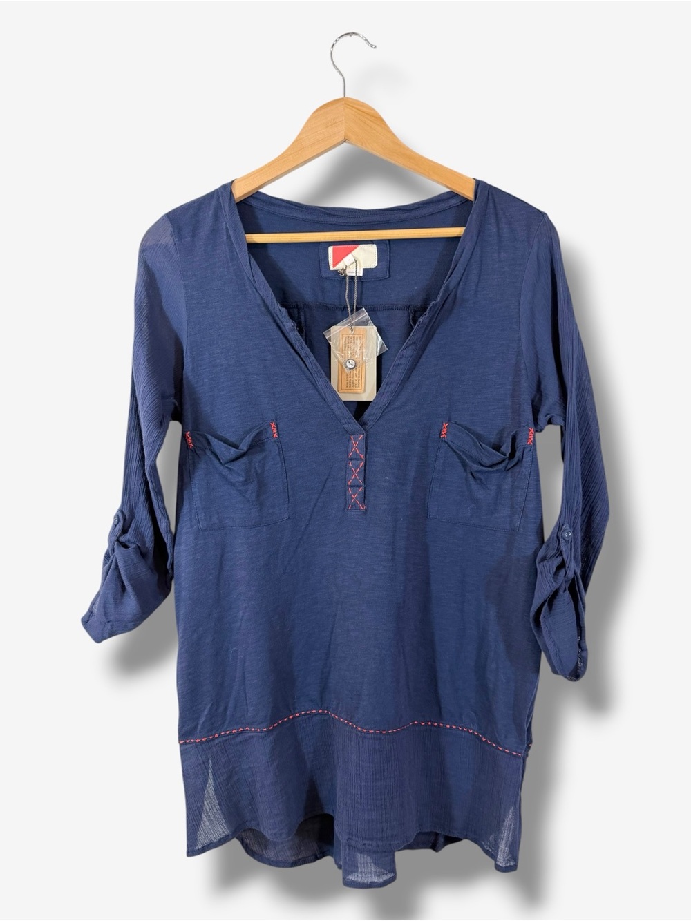 Anthropologie Navy Blue Tunic Top Size S Red Trim Button Back Gauze Cotton